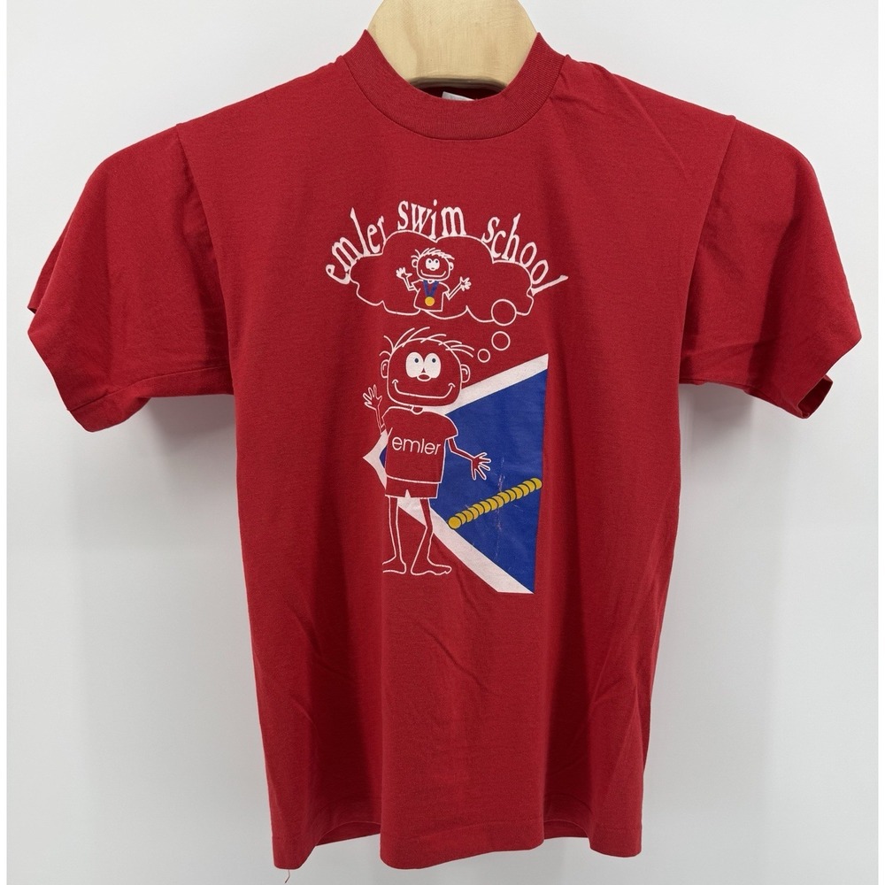 Vintage 90s Fruit of the Loom Emler Swim‎ School T-Shirt Size M Single Stitch